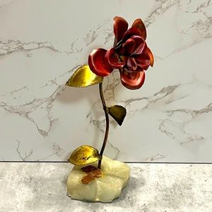 VINTAGE Mid Century Modern Rose Flower Leaves Copper Metal Art on Onyx Demott